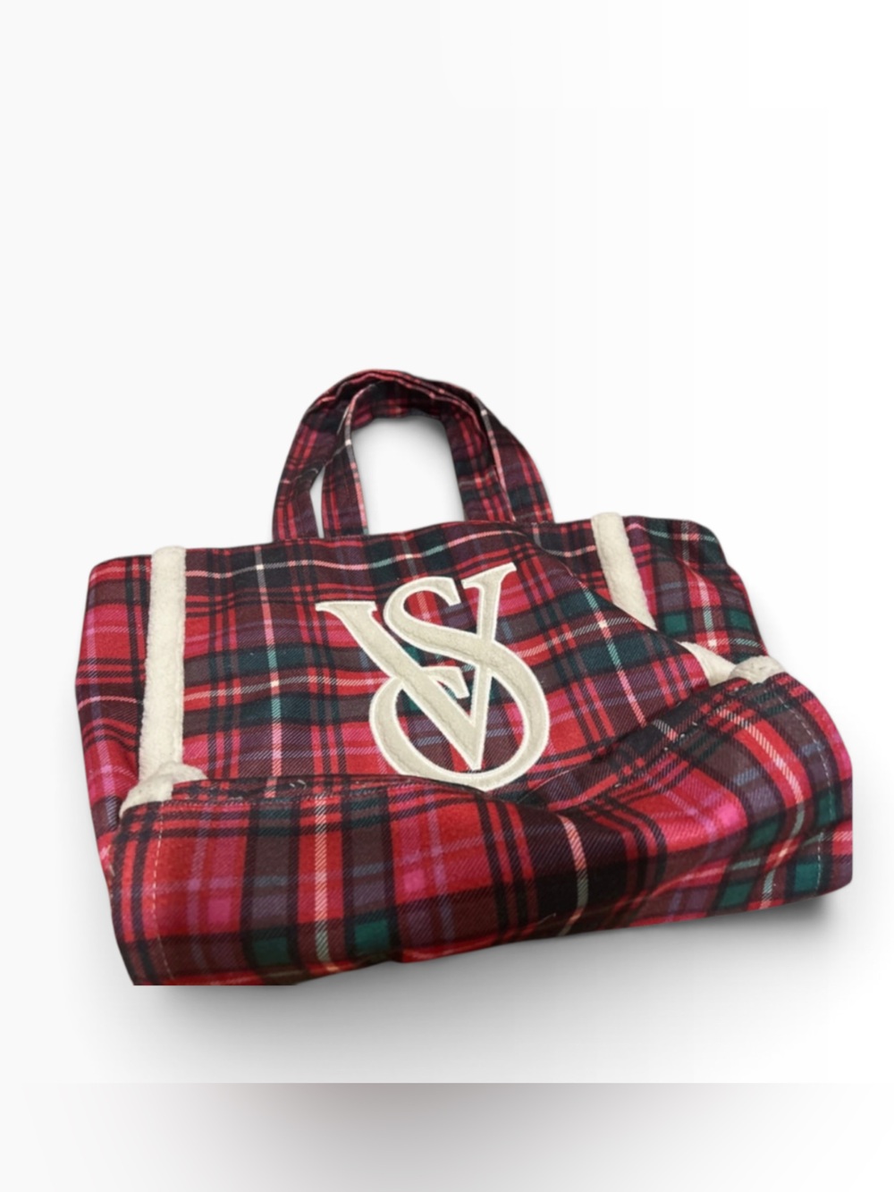 Victoria’s Secret Plaid Red Tote Bag with Embroidered Monogram & Sherpa Detail